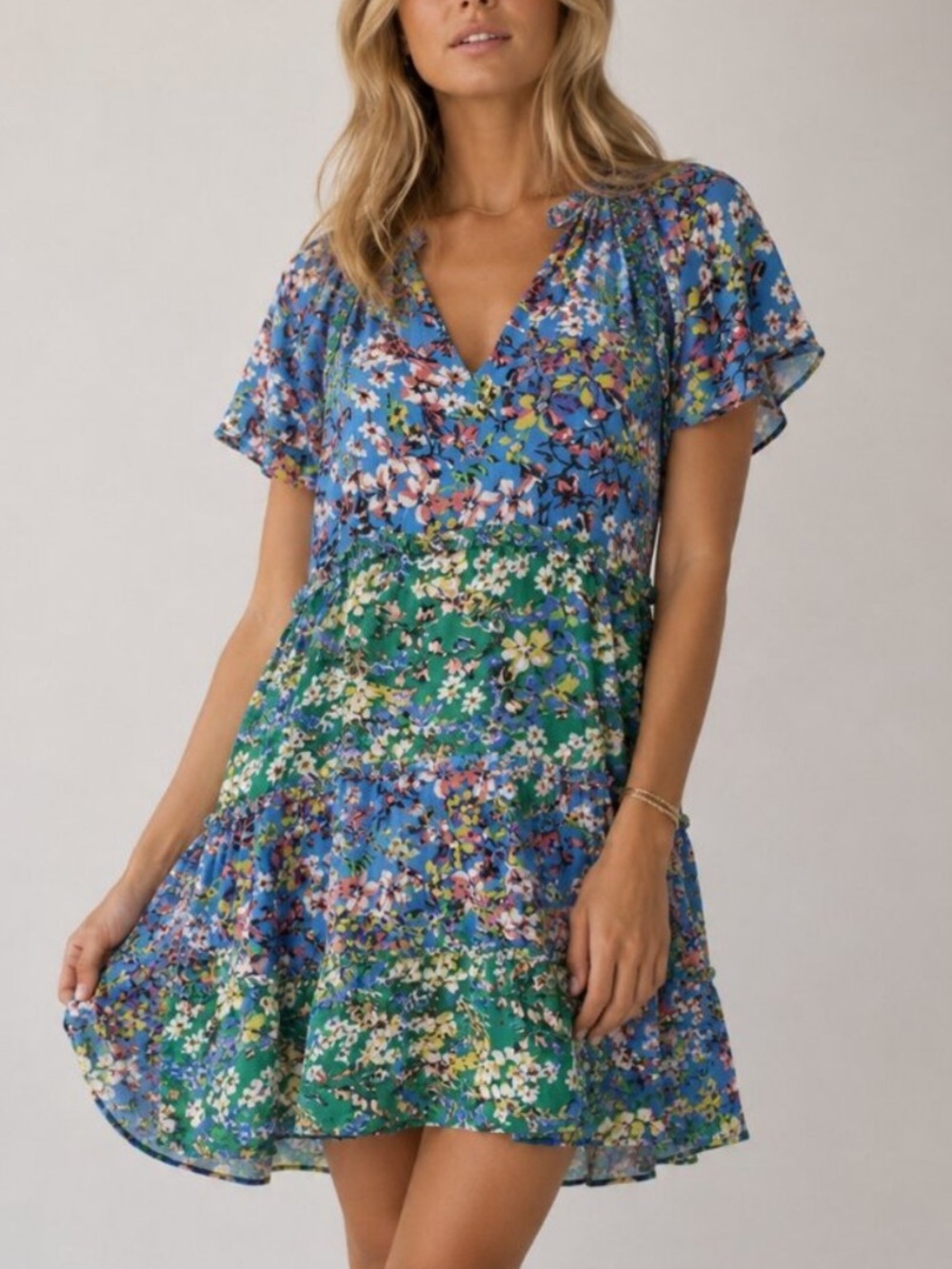 Anthropologie Blue Multi Robin Floral Tiered Mini Dress Size XL 8527